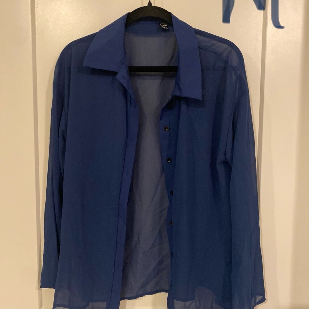 Navy Blue Sheer Long Sleeve Button Up